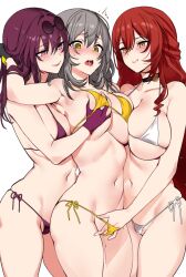 Rule 34 | 3girls, asymmetrical docking, belly-to-belly, bikini, black choker, black gloves, blush, breast press, breasts, breasts on another&#039;s back, choker, drooling, eyewear on head, face-to-face, fff threesome, fingering, front-to-back, girl sandwich, glasses, gloves, grabbing, grabbing another&#039;s breast, grabbing from behind, grey hair, groping, group sex, hand in bikini, hand under clothes, hand under swimsuit, himeko (honkai: star rail), honkai: star rail, honkai (series), kafka (honkai: star rail), large breasts, long hair, looking at another, micro bikini, multiple girls, ndgd, no pupils, open mouth, orange eyes, pince-nez, purple bikini, purple eyes, purple gloves, purple hair, pussy juice, red hair, round eyewear, saliva, saliva trail, sandwiched, side-tie bikini bottom, simple background, skindentation, smile, smug, stelle (honkai: star rail), string bikini, sunglasses, surprised, sweat, swimsuit, threesome, trailblazer (honkai: star rail), very long hair, white bikini, wide-eyed, yellow bikini, yellow eyes, yuri
