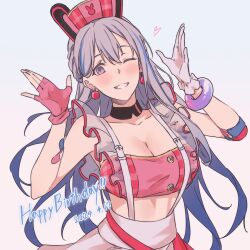 Rule 34 | 1girl, asymmetrical gloves, bandaid, bandaid on arm, blush, breasts, cleavage, clenched teeth, collarbone, commentary, cowboy shot, crop top, dated, earrings, english commentary, fingerless gloves, gloves, grey eyes, grey hair, hair between eyes, happy birthday, highres, indie virtual youtuber, jewelry, large breasts, long hair, looking at viewer, midriff, mismatched gloves, one eye closed, pink gloves, skirt, smile, solo, sou (user hgyh8775), suspender skirt, suspenders, teeth, virtual youtuber, yumemita nonoka