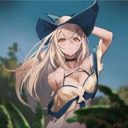 Rule 34 | 1girl, arknights, arm up, bare shoulders, black choker, blush, breasts, choker, cleavage, commentary request, female focus, hair between eyes, hat, highres, long hair, looking at viewer, monarch (ricardoxx), off-shoulder shirt, off shoulder, official alternate costume, parted lips, red eyes, shirt, short sleeves, silver hair, skadi (arknights), skadi (waverider) (arknights), solo, upper body, white shirt