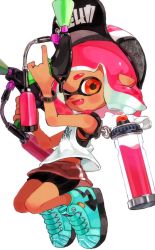 Rule 34 | 1girl, absurdres, aqua footwear, baseball cap, basketball jersey, bike shorts, black hat, black shorts, bob cut, bracelet, commentary, dual wielding, fang, floating, full body, grey skirt, hat, highres, holding, holding weapon, ink tank (splatoon), inkling, inkling (language), inkling girl, inkling player character, jewelry, looking at viewer, miniskirt, myon rio, nintendo, one eye closed, open mouth, orange eyes, pink hair, pointy ears, shirt, shoes, short hair, shorts, shorts under skirt, simple background, single vertical stripe, skirt, smile, sneakers, solo, splat dualies (splatoon), splatoon (series), splatoon 2, straight-laced footwear, tank top, tentacle hair, weapon, white background, white shirt