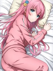 Rule 34 | 1girl, absurdres, blue eyes, blush, bocchi the rock!, commentary, cube hair ornament, feet out of frame, gotoh hitori, hair ornament, highres, jacket, long hair, looking at viewer, lying, noshimurin, on bed, on side, one side up, pants, pillow, pink hair, pink jacket, pink pants, solo, track jacket, track suit