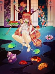 Rule 34 | 1girl, alternate costume, barefoot, bodysuit, chain, cleavage cutout, clothing cutout, covering own mouth, floral print, flower, food, fruit, full body, gourd, hair ribbon, hand fan, heib, highres, horn ornament, horn ribbon, horns, ibuki suika, indoors, long hair, looking at viewer, low-tied long hair, orange hair, pointy ears, red eyes, ribbon, sitting, sleeveless, solo, touhou, turtleneck, water, watermelon
