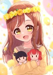 Rule 34 | 1girl, artist name, artist request, blush, bow, bowtie, breasts, brown eyes, brown hair, buttons, cardigan, character doll, collarbone, doll, eyebrows, female focus, flower, flower wreath, grey sailor collar, hair between eyes, head wreath, highres, holding, holding doll, kunikida hanamaru, kurosawa ruby, light brown hair, long hair, long sleeves, looking at viewer, love live!, love live! sunshine!!, nail, nail polish, orange bow, parted lips, pink nails, sailor collar, school uniform, skirt, sleeves past wrists, smile, solo, sweater, tsushima yoshiko, upper body, uranohoshi school uniform, vest, yellow cardigan, yellow eyes, yellow flower, yellow sweater