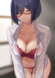 Rule 34 | 1girl, absurdres, blue hair, blurry, blurry background, bra, breasts, brown eyes, cleavage, collarbone, collared shirt, commentary request, depth of field, glasses, gluteal fold, highres, indoors, large breasts, leaning forward, lingerie, long sleeves, looking at viewer, mole, mole under eye, navel, nijisanji, open clothes, open shirt, panties, parted lips, pink bra, pink panties, red-framed eyewear, seductive smile, see-through, semi-rimless eyewear, shirt, shizuka rin, short hair, skysign ft, smile, solo, thigh gap, under-rim eyewear, underwear, virtual youtuber, white shirt, window