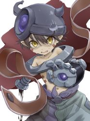 Rule 34 | 1boy, bare shoulders, blood, brown hair, cape, child, commentary request, cyborg, dark skin, facial mark, fantasy, helmet, highres, incoming attack, looking at viewer, made in abyss, male focus, mechanical arms, midriff, navel, nervous, open mouth, pointy ears, regu (made in abyss), severed limb, short hair, simple background, sweat, tomei 00, yellow eyes