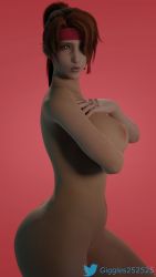 Rule 34 | 1girl, 3d, absurdres, arm under breasts, ass, breasts, brown eyes, brown hair, female focus, final fantasy, final fantasy vii, final fantasy vii remake, from side, giggles25, hand on chest, hand on own chest, headband, highres, jessie rasberry, large breasts, legs, looking at viewer, nipples, nude, parted bangs, parted lips, ponytail, red headband, red headwear, simple background, solo, square enix, stomach, thighs, twitter username