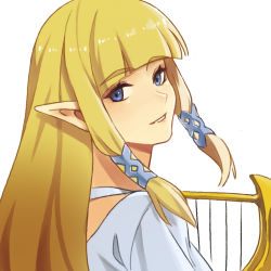 Rule 34 | 1girl, artist request, back, blonde hair, blue eyes, collarbone, dress, eyelashes, feet, female focus, fingernails, from behind, hair ornament, happy, holding, holding instrument, instrument, long hair, long sleeves, looking at viewer, lyre, neck, nintendo, no bra, parted lips, pointy ears, princess zelda, sandals, sidelocks, simple background, smile, standing, teawood, the legend of zelda, the legend of zelda: skyward sword, toga, tunic, turning head, white background, white dress, white tunic, wide sleeves