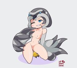 Rule 34 | bird hat, breasts, duel monster, feathered wings, harpy, helmet, lyrilusc - celestine wagtail, monster girl, nipples, non-web source, nude, sitting, small breasts, smile, solo, squatting, winged arms, wings, yu-gi-oh!