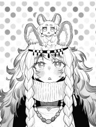 Rule 34 | 1girl, animal, animal ear fluff, animal ears, animal on head, arknights, blush, bokiboki333, braid, greyscale, highres, jewelry, leopard ears, leopard girl, long hair, looking at viewer, messy hair, monochrome, necklace, on head, pramanix (arknights), side braids, solo, sweater, thick eyebrows, tiara, triangle mouth, turtleneck, turtleneck sweater
