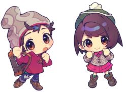 Rule 34 | 1boy, 1girl, :o, backpack, bag, beanie, blush, bob cut, boots, brown bag, brown eyes, brown footwear, brown hair, buttons, cable knit, cardigan, chibi, closed mouth, collared dress, commentary request, creatures (company), denim, dress, game freak, gloria (pokemon), green headwear, green legwear, grey cardigan, grey headwear, hands up, hat, jeans, looking at viewer, nintendo, open mouth, pants, pink dress, plaid, plaid legwear, pokemon, pokemon swsh, red shirt, shirt, shoes, short hair, sleeves rolled up, smile, socks, suitcase, swept bangs, tam o&#039; shanter, torn clothes, torn jeans, torn pants, victor (pokemon), yamunashi