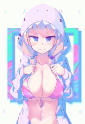 Rule 34 | 1girl, alternate breast size, animal hood, bad id, bad pixiv id, bikini, blonde hair, blue eyes, blush, breasts, cleavage, closed mouth, collarbone, english text, front-tie bikini top, front-tie top, hair bobbles, hair ornament, highres, hood, hood up, hooded jacket, jacket, large breasts, looking at viewer, low twintails, navel, new game!, nitro (mugityaoisii), open clothes, open jacket, pink bikini, purple jacket, sakura nene, shark hood, short twintails, smile, solo, swimsuit, twintails, upper body, v-shaped eyebrows