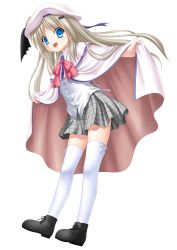 Rule 34 | 1girl, :d, black footwear, blue eyes, cape, capelet, dress shirt, fang, floating hair, full body, grey skirt, hair ribbon, hat, highres, kud wafter, leaning forward, little busters!, long hair, looking at viewer, miniskirt, na-ga, noumi kudryavka, official art, open mouth, pink neckwear, plaid, plaid skirt, pleated skirt, purple ribbon, ribbon, school uniform, shirt, short sleeves, silver hair, simple background, skirt, smile, solo, standing, thighhighs, very long hair, white background, white cape, white capelet, white hat, white ribbon, white shirt, white thighhighs, zettai ryouiki
