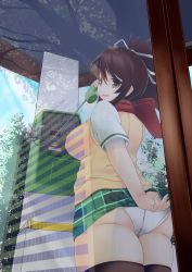 Rule 34 | 10s, 1girl, artist request, ass, asuka (senran kagura), breasts, brown eyes, brown hair, embarrassed, female focus, from behind, from below, hair ribbon, highres, huge ass, large breasts, long hair, looking back, looking down, open mouth, panties, phone booth, plaid, plaid skirt, ribbon, senran kagura, sideboob, skirt, smile, solo, thick thighs, thighhighs, thighs, underwear, upskirt, wet, white panties