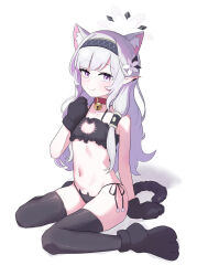 1girl absurdres animal_ear_fluff animal_ears animal_hands arm_support bell black_gloves black_thighhighs blue_archive breasts cat_cutout cat_ear_panties cat_ears cat_lingerie cat_tail cleavage_cutout clothing_cutout collar earclip flat_chest flower frills gloves grey_hair grey_halo hair_flower hair_ornament hair_tubes hairband halo highres himari_(blue_archive) long_hair looking_at_viewer meme_attire mole mole_under_eye navel neck_bell panties paw_gloves paw_shoes pointy_ears purple_eyes red_collar sitting small_breasts solo striped_clothes striped_hairband tail thighhighs underwear wariza white_hair white_halo yungun_(dbsrjsdn0330)