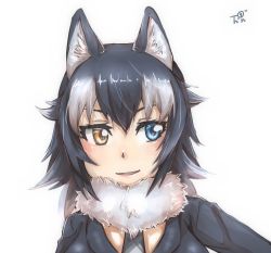 Rule 34 | 1girl, animal ear fluff, animal ears, black hair, black jacket, blue eyes, commentary, fur collar, grey hair, grey wolf (kemono friends), hair between eyes, heterochromia, highres, jacket, kemono friends, long hair, looking away, multicolored hair, necktie, parted lips, portrait, signature, simple background, smile, solo, thin (suzuneya), two-tone hair, white background, wolf ears, yellow eyes
