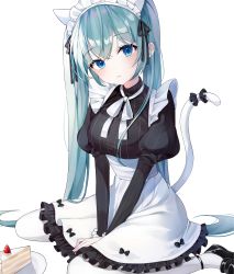 Rule 34 | 1girl, absurdres, animal ears, artist request, between legs, blouse, blue eyes, blue hair, blush, breasts, cake, cat ears, cat girl, cat tail, commentary, expressionless, flower, food, frills, fruit, hair ribbon, hand between legs, hatsune miku, highres, kemonomimi mode, large breasts, long hair, looking at viewer, maid, maid headdress, mary janes, moka 01, ribbon, shirt, shoes, sitting, socks, solo, strawberry, striped clothes, striped shirt, tail, tail ornament, tail ribbon, twintails, v arms, very long hair, vocaloid, wariza, white background, yokozuwari