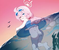 Rule 34 | 1girl, 2others, ass, barefoot, bikini, bikini top only, bird, blue archive, halo, heterochromia, highres, hoshino (blue archive), hoshino (swimsuit) (blue archive), meng yin, multiple others, pink background, pink hair, swimsuit, twintails