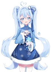 Rule 34 | 1girl, ahoge, arami o 8, blue dress, blue eyes, blue hair, blush, chinese clothes, cleavage cutout, clothing cutout, commentary, cowboy shot, dress, fur-trimmed dress, fur-trimmed sleeves, fur trim, hair ribbon, hand on own chest, hatsune miku, heart, heart ahoge, holding, light blue hair, light blue nails, long hair, looking at viewer, nail polish, open mouth, ribbon, smile, snowflake print, snowflakes, solo, standing, symbol-only commentary, thighhighs, twintails, very long hair, vocaloid, sour model (mikumikudance), white background, white thighhighs, yuki miku