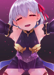 Rule 34 | 1girl, armpits, bare shoulders, blush, breasts, detached sleeves, dress, earrings, fate/grand order, fate (series), hair between eyes, hair ornament, hair ribbon, half-closed eyes, jewelry, kama (fate), kama (first ascension) (fate), looking at viewer, navel, panties, purple dress, purple panties, red eyes, red ribbon, ribbon, satou kuuki, see-through, short hair, simple background, sleeveless, sleeveless dress, small breasts, smile, solo, standing, teeth, thighhighs, underwear, upper teeth only, white hair