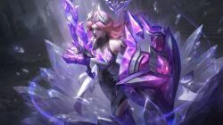 Rule 34 | 1girl, artist request, bare shoulders, blonde hair, boots, braid, breasts, closed eyes, crystal, earrings, floating, gauntlets, gem hair ornament, highres, holding, holding shield, holding sword, holding weapon, jewelry, knee boots, league of legends, leona (league of legends), long hair, medium breasts, outdoors, pink lips, ruins, second-party source, shield, solo, stairs, sword, weapon