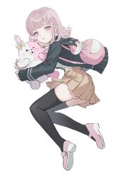 1girl animal_bag black_thighhighs blush breasts brown_hair brown_skirt cat_bag danganronpa_(series) danganronpa_2:_goodbye_despair flipped_hair galaga hair_ornament highres hood jacket long_sleeves looking_at_viewer medium_hair monomi_(danganronpa) nanami_chiaki neck_ribbon open_clothes open_jacket pink_bag pink_eyes pink_ribbon ribbon shirt shoes skirt spaceship_hair_ornament suyaya_uxu thighhighs two-tone_shirt white_shirt