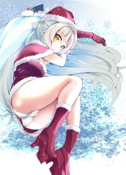 Rule 34 | 1girl, :o, ass, azur lane, boots, brown eyes, cameltoe, capelet, commentary request, dress, elbow gloves, fur-trimmed boots, fur-trimmed capelet, fur-trimmed dress, fur-trimmed gloves, fur-trimmed headwear, fur trim, gloves, grey hair, hat, headpiece, high heel boots, high heels, highres, long hair, looking at viewer, mole, mole under eye, panties, parted lips, platform footwear, platform heels, red capelet, red dress, red footwear, red gloves, red hat, sack, santa costume, santa hat, sidelocks, snowflakes, solo, takara akihito, underwear, very long hair, white panties, z46 (azur lane)