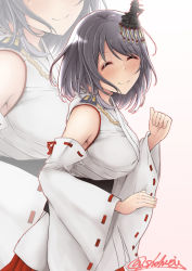 Rule 34 | 1girl, aga marino, aiguillette, black hair, blush, breasts, closed eyes, commentary request, detached sleeves, hair ornament, kantai collection, large breasts, nontraditional miko, short hair, signature, smile, yamashiro (kancolle), zoom layer