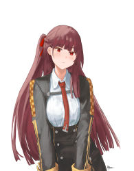 Rule 34 | 1girl, absurdres, ai-bon, artist name, black jacket, blush, braid, closed mouth, colored pencil (medium), girls&#039; frontline, graphite (medium), hair ribbon, highres, jacket, long hair, long sleeves, looking at viewer, necktie, purple hair, red eyes, red necktie, red ribbon, ribbon, shirt, side braid, side ponytail, solo, standing, traditional media, upper body, wa2000 (girls&#039; frontline), white background, white shirt