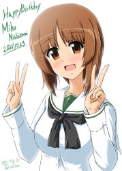 Rule 34 | 1girl, absurdres, artist name, birthday, blouse, brown eyes, brown hair, character name, dated, diesel-turbo, double v, english text, girls und panzer, happy birthday, highres, light blush, long sleeves, looking at viewer, neckerchief, nishizumi miho, ooarai school uniform, open mouth, sailor collar, school uniform, serafuku, shirt, short hair, signature, smile, solo, twitter username, upper body, v, white sailor collar, white shirt