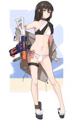 Rule 34 | 1girl, absurdres, ankle strap, bikini, black choker, black eyes, black hair, breasts, choker, closed mouth, commentary, english commentary, facial tattoo, full body, grey jacket, gun, hashtag, highres, holding, holding gun, holding weapon, jacket, light frown, long hair, long sleeves, looking at viewer, multi-strapped bikini, navel, no pants, off shoulder, open clothes, open jacket, original, outside border, single-shoulder bikini, single strap, sleeves past wrists, small breasts, solo, standing, string bikini, swimsuit, tattoo, thigh strap, trigger discipline, vectorek, weapon, white bikini