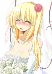 Rule 34 | 1girl, bare shoulders, blonde hair, blush, bouquet, breasts, cleavage, detached sleeves, dress, closed eyes, flan-maman (goma), flandre scarlet, flower, goma (gomasamune), hair flower, hair ornament, jewelry, large breasts, long hair, necklace, aged up, open mouth, short hair, side ponytail, smile, solo, touhou, wedding dress, white background, wings