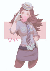 Rule 34 | 1girl, absurdres, adapted costume, animal print, artist name, blowing bubbles, blue necktie, blue shirt, breast pocket, breasts, brown eyes, brown hair, brown pantyhose, character name, chewing gum, collared shirt, commentary request, cowboy shot, d.va (overwatch), facepaint, facial mark, facing viewer, female service cap, gloves, hand on headset, hand on own hip, headset, highres, long hair, long sleeves, looking at another, looking away, miniskirt, name tag, necktie, officer d.va, official alternate costume, overwatch, overwatch 1, pantyhose, pocket, police, police uniform, policewoman, rabbit print, sadsan, shirt, signature, simple background, skirt, small breasts, solo, striped necktie, striped neckwear, swept bangs, tie clip, uniform, whisker markings, white background, white gloves