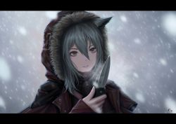 Rule 34 | 1girl, 3v ju, absurdres, animal ears, arknights, dated, fur-trimmed hood, fur trim, grey background, grey hair, hair between eyes, hand up, highres, holding, holding knife, hood, hood up, hooded jacket, jacket, knife, letterboxed, long hair, long sleeves, mask, mask around neck, outdoors, parted lips, portrait, projekt red (arknights), red jacket, signature, smile, snow, solo, wolf ears, wolf girl, yellow eyes
