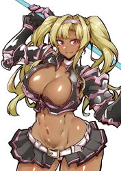 Rule 34 | 1girl, absurdres, belt, blonde hair, blush, breasts, cleavage, dark-skinned female, dark skin, gauntlets, gggg, granblue fantasy, granblue fantasy versus, hair intakes, hairband, highres, large breasts, long hair, looking at viewer, miniskirt, navel, open mouth, polearm, red eyes, simple background, skirt, smile, solo, spear, twintails, weapon, white background, zeta (granblue fantasy)