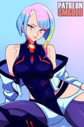 1girl absurdres aqua_hair artist_name bodysuit breasts cyberpunk_(series) gradient_hair highres jacket lucy_(cyberpunk) multicolored_hair open_clothes open_jacket pink_hair purple_eyes short_hair smgold smile solo