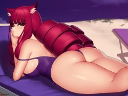 Rule 34 | 1girl, animal ears, ass, bare shoulders, beach, beach towel, breasts, cat ears, drill hair, eyepatch, from behind, huge ass, kuroonehalf, large breasts, long hair, looking at viewer, looking back, lying, on stomach, one-piece swimsuit, purple hair, red eyes, shiny skin, sideboob, solo, stella hoshii, swimsuit, towel, twintails, va-11 hall-a, very long hair