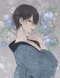 Rule 34 | 1boy, androgynous, black hair, blue flower, blue kimono, flower, highres, japanese clothes, kimono, long sleeves, looking at viewer, male focus, mole, mole under mouth, morino bambi, original, parted lips, purple eyes, short hair, striped clothes, striped kimono, trap, wide sleeves