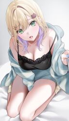 Rule 34 | 1girl, absurdres, black tank top, blonde hair, blurry, blurry foreground, breasts, cleavage, furrowed brow, gradient hair, green eyes, hair ornament, hairclip, highres, jacket, kurumi noah, looking at viewer, medium breasts, medium hair, multicolored hair, open mouth, pomelunch, purple hair, seiza, sitting, socks, solo, striped clothes, striped jacket, tank top, teardrop, upper body, virtual youtuber, vspo!, yellow socks
