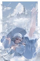 Rule 34 | 1girl, above clouds, absurdres, animal, ass, ayanami rei, bare shoulders, bird, blue bow, blue choker, blue dress, blue footwear, blue hair, blue theme, bow, breasts, castle, character name, choker, cloud, commentary, copyright name, day, detached sleeves, dove, dress, falling, feathers, floating castle, footwear bow, frilled hairband, frilled umbrella, frills, full body, hair between eyes, hair bow, hairband, hand up, high heels, highres, holding, holding clothes, holding footwear, holding shoes, holding umbrella, jewelry, kneehighs, legs up, long sleeves, looking at viewer, medium breasts, nat nim, neon genesis evangelion, no shoes, outdoors, outside border, parasol, parted lips, pendant, red eyes, shoes, unworn shoes, short hair, sky, socks, soles, solo, string, umbrella, white socks