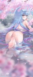 Rule 34 | 1girl, ass, blue eyes, blue hair, blurry, blush, cherry blossoms, depth of field, from behind, highres, in water, long hair, looking at viewer, looking back, merumeko, nude, onsen, original, petals, soles, solo, water, wet