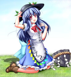 Rule 34 | 1girl, :d, adjusting clothes, adjusting headwear, aka tawashi, ankle boots, black hat, blue hair, blue skirt, blush, boots, bow, bowtie, breasts, brown footwear, cross-laced footwear, dress shirt, food, frills, fruit, full body, hat, highres, hinanawi tenshi, keystone, kneeling, lace-up boots, leaf, light particles, long hair, looking at viewer, open mouth, peach, petticoat, puffy short sleeves, puffy sleeves, rainbow order, red bow, red bowtie, red eyes, shirt, short sleeves, sidelocks, skirt, small breasts, smile, solo, touhou, white shirt