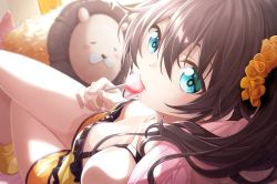 Rule 34 | 1girl, aqua eyes, babydoll, bare legs, blurry, breasts, brown hair, camisole, candy, cleavage, collarbone, commentary, crossed legs, curtains, day, depth of field, ebi frion (natsuiro matsuri), expressionless, fenrir (fenlil0316), food, from above, from behind, hair between eyes, highres, holding, holding candy, holding food, holding lollipop, hololive, indoors, lollipop, looking at viewer, looking back, lying, medium breasts, medium hair, natsuiro matsuri, natsuiro matsuri (matsuri&#039;s day off), on back, orange shorts, pillow, scrunchie, short shorts, shorts, side ponytail, sleepwear, solo, stuffed animal, stuffed lion, stuffed toy, sunlight, thighs, virtual youtuber, yellow camisole