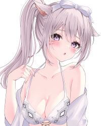 Rule 34 | 1girl, :o, absurdres, animal ears, bikini, blush, bow, breasts, cat ears, cat girl, cleavage, collarbone, commentary, eyelashes, facial mark, final fantasy, final fantasy xiv, grey hair, hair between eyes, hair bow, hand up, high ponytail, highres, large breasts, miqo&#039;te, off shoulder, purple eyes, sidelocks, simple background, solo, suineco, swimsuit, upper body, warrior of light (ff14), whisker markings, white background, white bikini, white bow