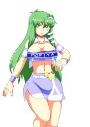 Rule 34 | 1girl, alternate costume, blush, breasts, cleavage, clothes lift, female focus, green eyes, green hair, kikimaru, kochiya sanae, large breasts, long hair, looking at viewer, matching hair/eyes, miniskirt, navel, nishio (higan53), race queen, side slit, simple background, skirt, skirt lift, solo, touhou, white background, wristband