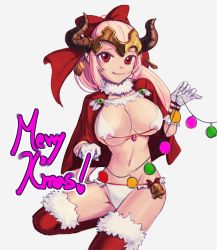 Rule 34 | 1girl, absurdres, aliza (granblue fantasy), arumakan, bikini, bow, breasts, capelet, christmas lights, cleavage, commentary request, draph, forehead protector, fur-trimmed legwear, fur trim, gloves, granblue fantasy, hair bow, highres, horns, large breasts, long hair, looking at viewer, merry christmas, pink hair, red bow, red capelet, red eyes, red thighhighs, smile, solo, swimsuit, thighhighs, white bikini, white gloves