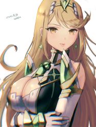 Rule 34 | 1girl, 2020, bare shoulders, blonde hair, breasts, chest jewel, cleavage, cleavage cutout, clothing cutout, dated, dress, earrings, elbow gloves, gloves, highres, jewelry, large breasts, long hair, mythra (xenoblade), signature, simple background, solo, swept bangs, tiara, upper body, white background, white dress, white gloves, xenoblade chronicles (series), xenoblade chronicles 2, yamamori kinako, yellow eyes