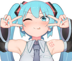 Rule 34 | 1girl, :p, abmayo, aqua eyes, aqua hair, armpits, bare shoulders, black sleeves, blue necktie, blush, commentary request, detached sleeves, double v, emotional engine - full drive, fate/grand order, fate (series), grey shirt, hair ornament, hands up, hatsune miku, highres, long hair, looking at viewer, necktie, shirt, shoulder tattoo, simple background, sleeveless, sleeveless shirt, smile, solo, sparkle, sweat, tattoo, tongue, tongue out, twintails, upper body, v, v-shaped eyebrows, vocaloid, white background
