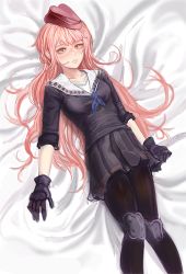 Rule 34 | 1girl, bad id, bad pixiv id, bed, bed sheet, black gloves, blush, f and d, girls&#039; frontline, gloves, hat, knee pads, long hair, lying, ntw-20 (girls&#039; frontline), pantyhose, pink eyes, pink hair, ribbon, skirt, solo