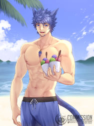 Rule 34 | 1boy, abs, absurdres, animal ears, beach, blue eyes, blue hair, cat ears, cat tail, commission, dated, final fantasy, final fantasy xiv, highres, kurohitsuji th, male focus, miqo&#039;te, muscular, nipples, self-upload, tail