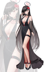Rule 34 | 1girl, absurdres, alternate costume, black choker, black dress, black footwear, black hair, blue archive, breasts, bridal gauntlets, choker, cleavage, dress, earrings, flower, full body, hair flower, hair ornament, halo, high heels, highres, jewelry, large breasts, long hair, parted lips, red eyes, red flower, rio (blue archive), simple background, solo, white background, whoing x2, zoom layer